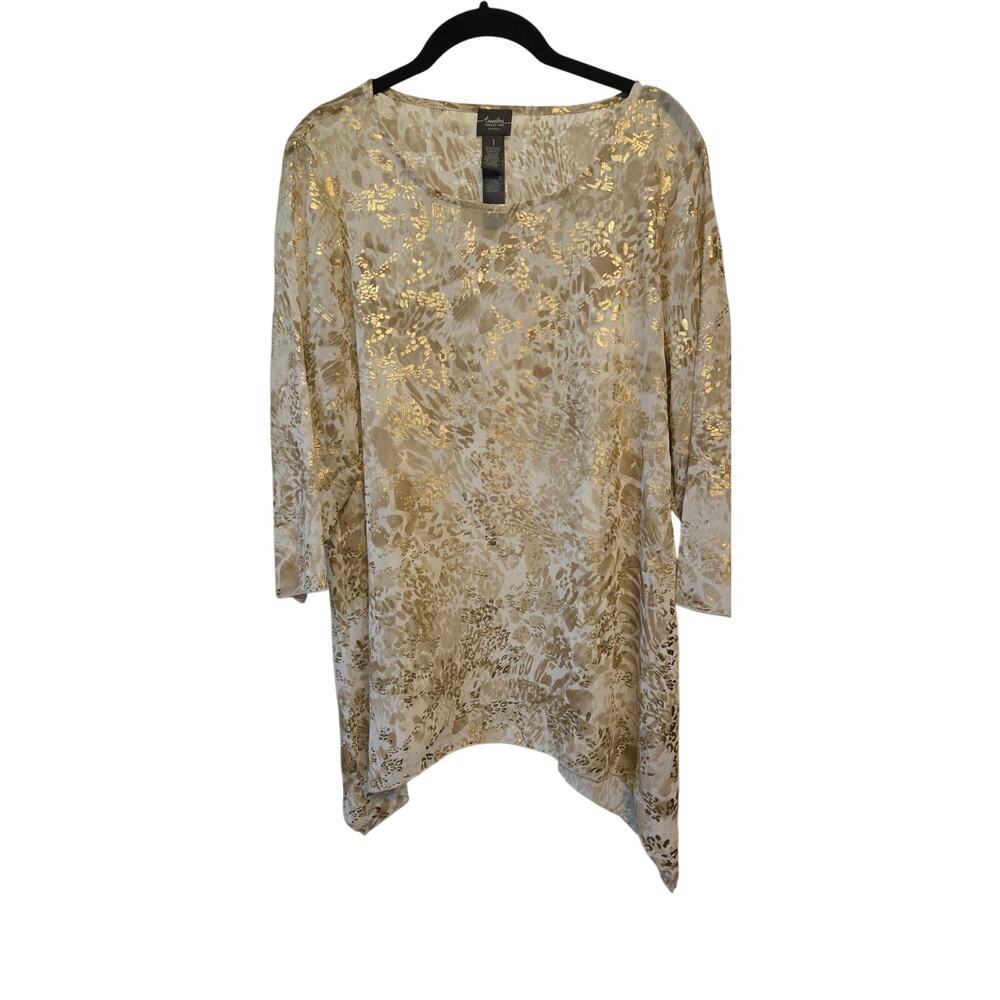 Chico's Traveler's Collection Gold Metallic Tunic Sheer Animal Print Flowy Sz 1